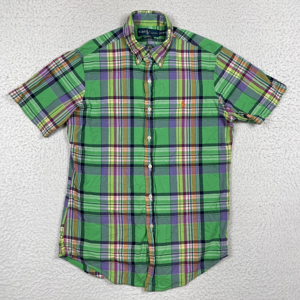 Ralph Lauren Button Down Shirt Mens Medium Green Plaid Custom Fit Short Sleeve‎